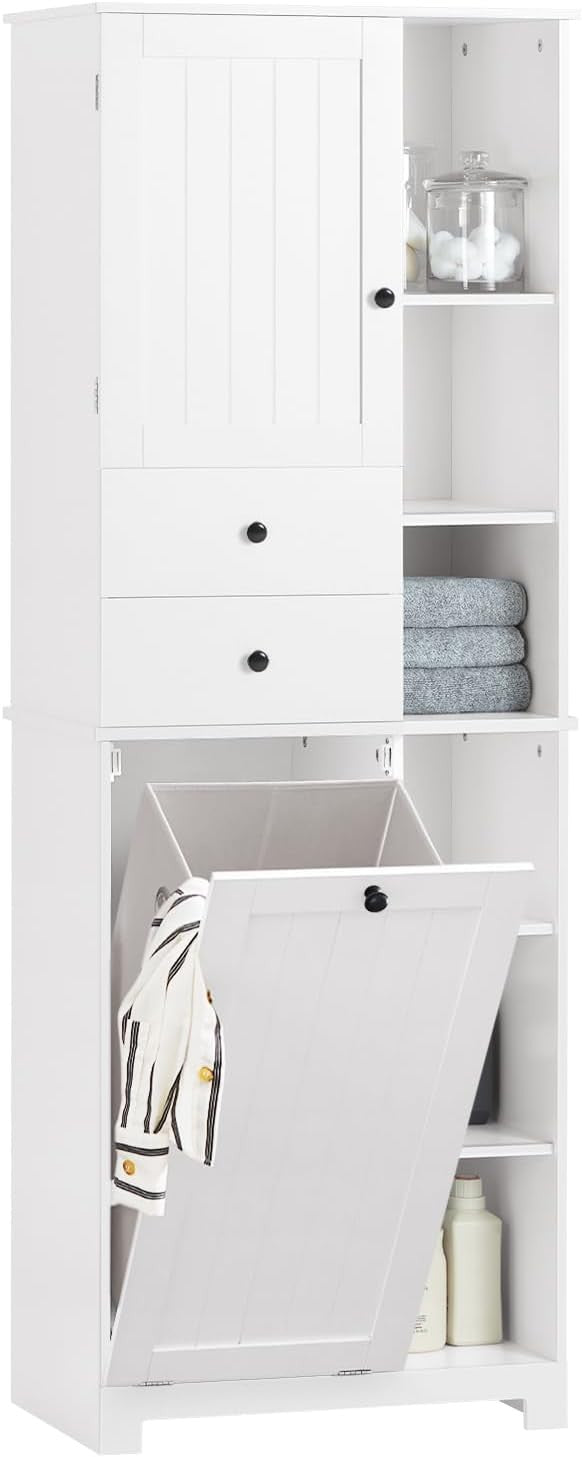 Tall Slim Bathroom Storage Cabinet with Laundry Basket Shelves White