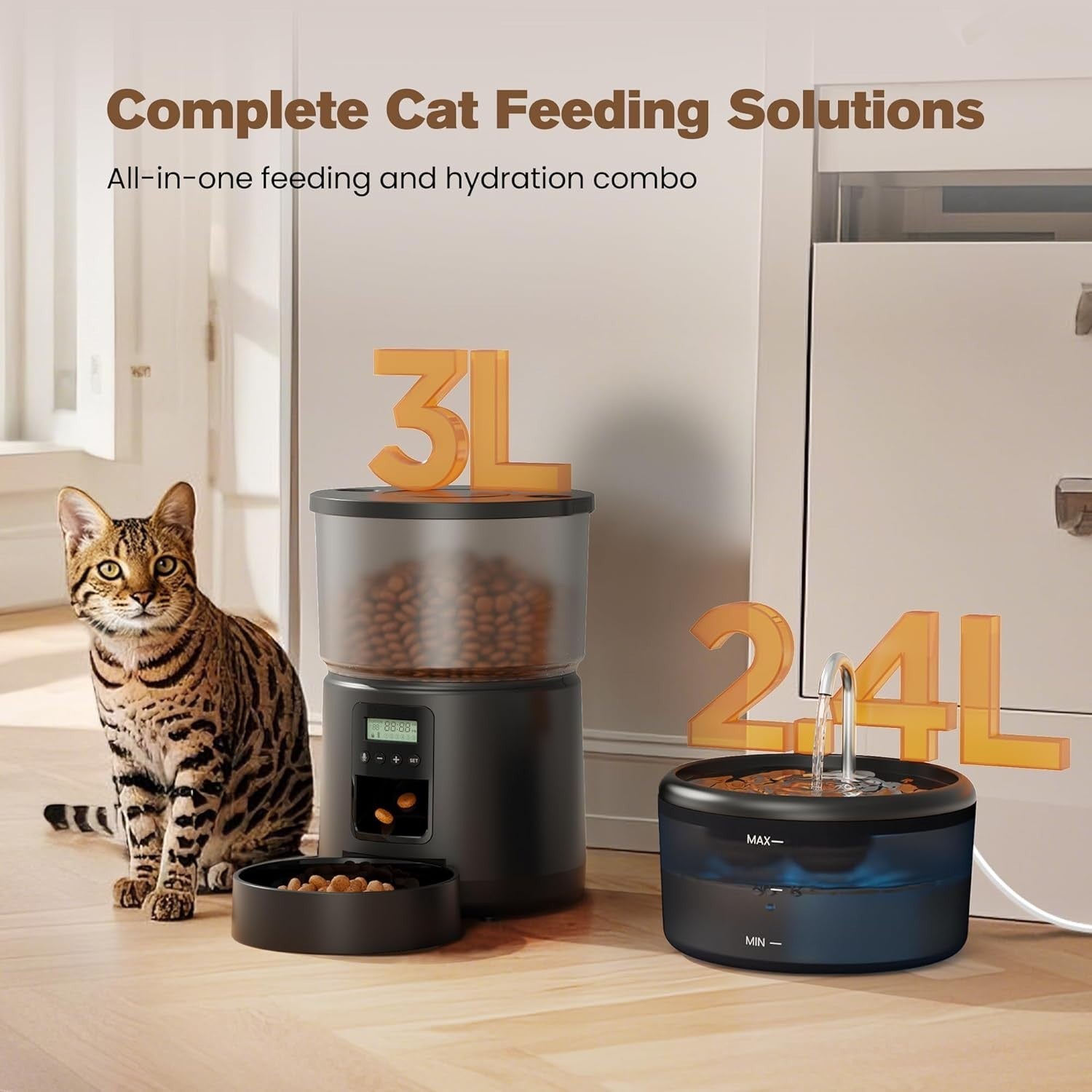Automatic Cat Feeder Water Fountain Set 3L Food Dispenser 6 Meal Timer