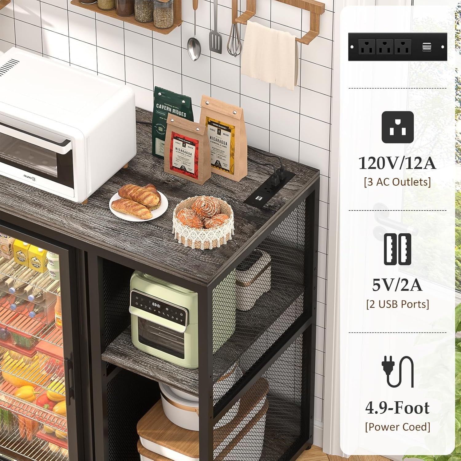 Mini Fridge Stand with Power Outlet, Wine Rack & Shelves