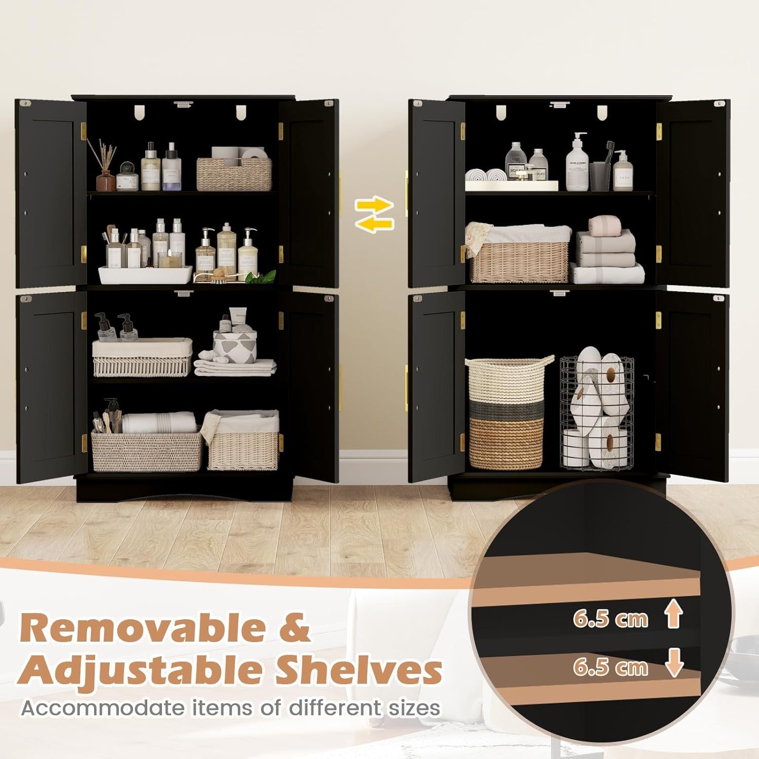 Black 4 Door Storage Cabinet Freestanding Cupboard with Adjustable Shelves 110cm