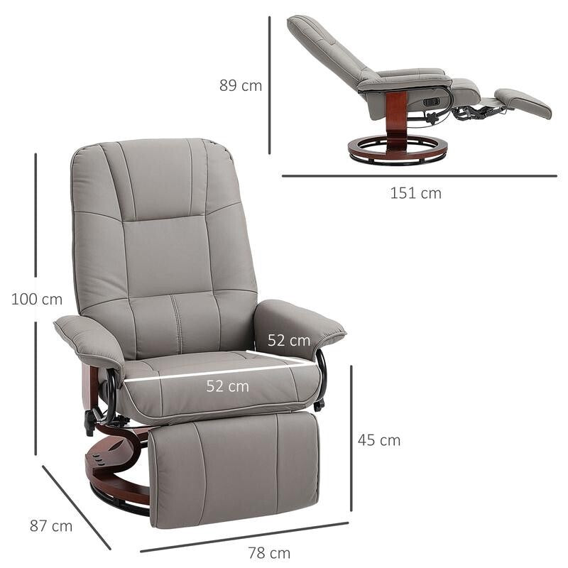 Manual Recliner Armchair Chair Faux Leather Wood Base Swivel Lounge Grey