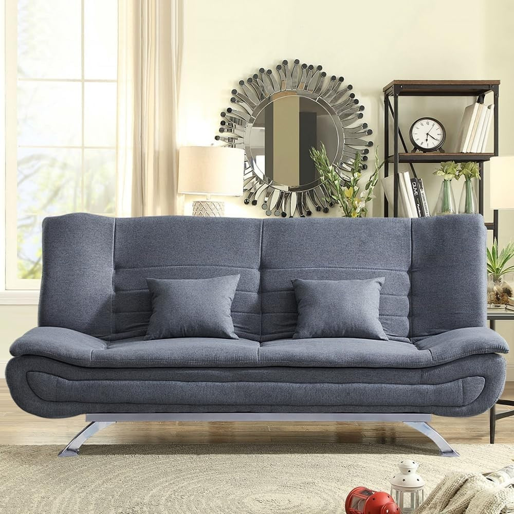 Grey Linen 3 Seater Sofa Bed Double Futon with Pillows, 188cm Convertible