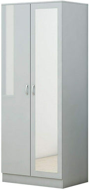 Grey Gloss 2-Door Mirrored Wardrobe with Hanging Rail & Lockable Storage