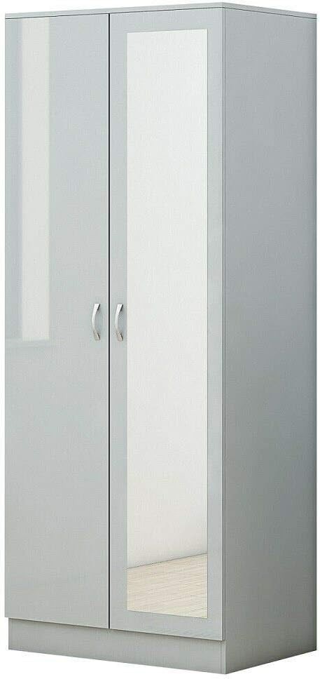 Grey Gloss 2-Door Mirrored Wardrobe with Hanging Rail & Lockable Storage