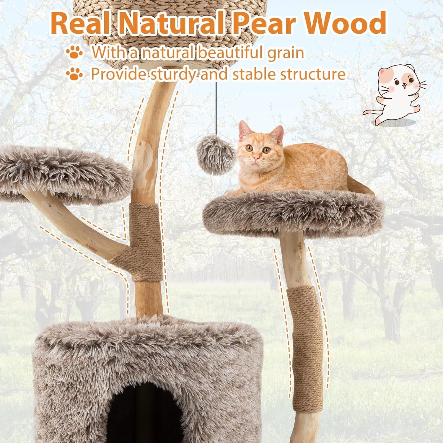 105cm Wooden Cat Tree Multi Level Tower with Basket Perch & Jute Scratching