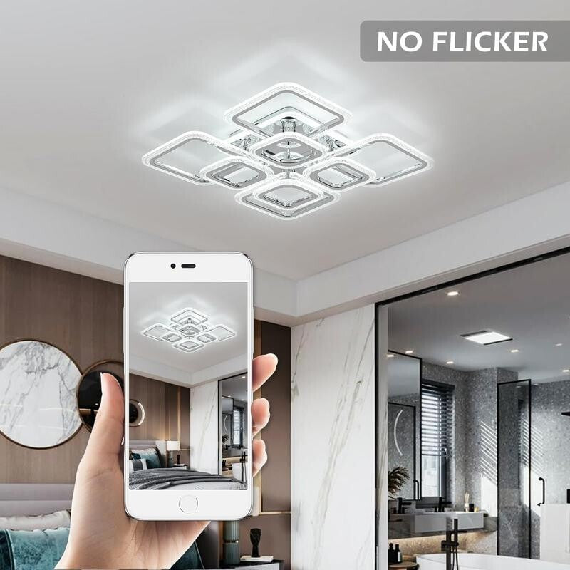 Modern LED Ceiling Light 100W Dimmable Remote Chrome Square 5 Lights