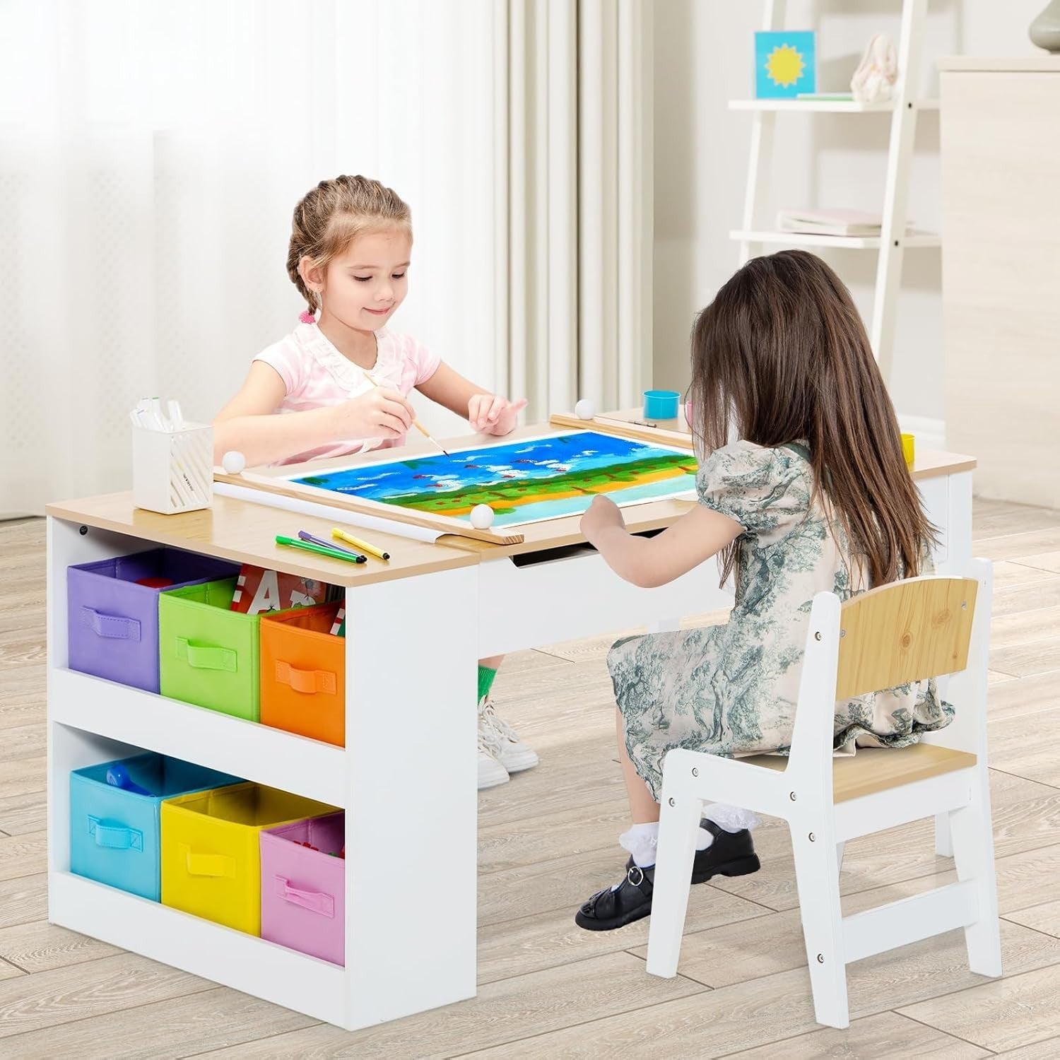 Kids 2-in-1 Art & Study Table with Lift-Top, Storage Boxes & Paper Roll