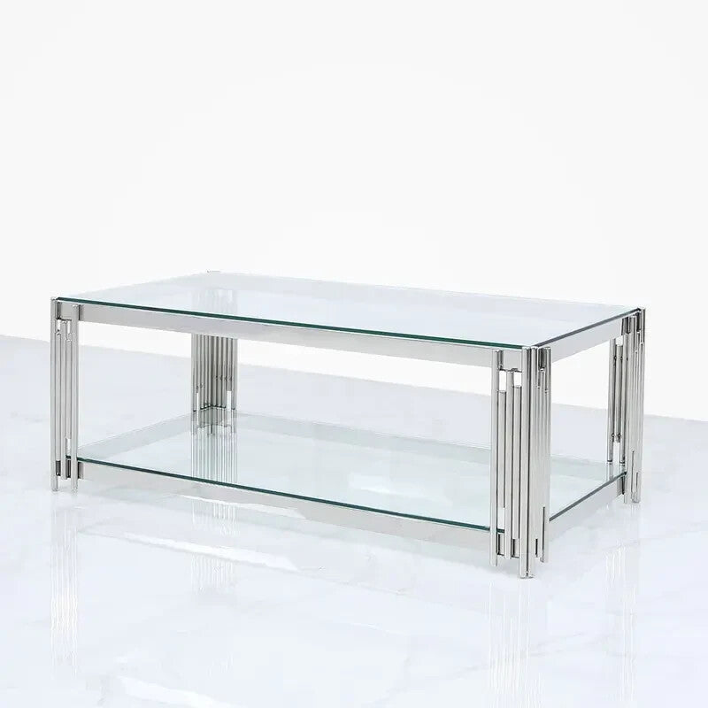 Glass Coffee Table w/ Shelf | Modern Chrome Stainless Steel Living Room