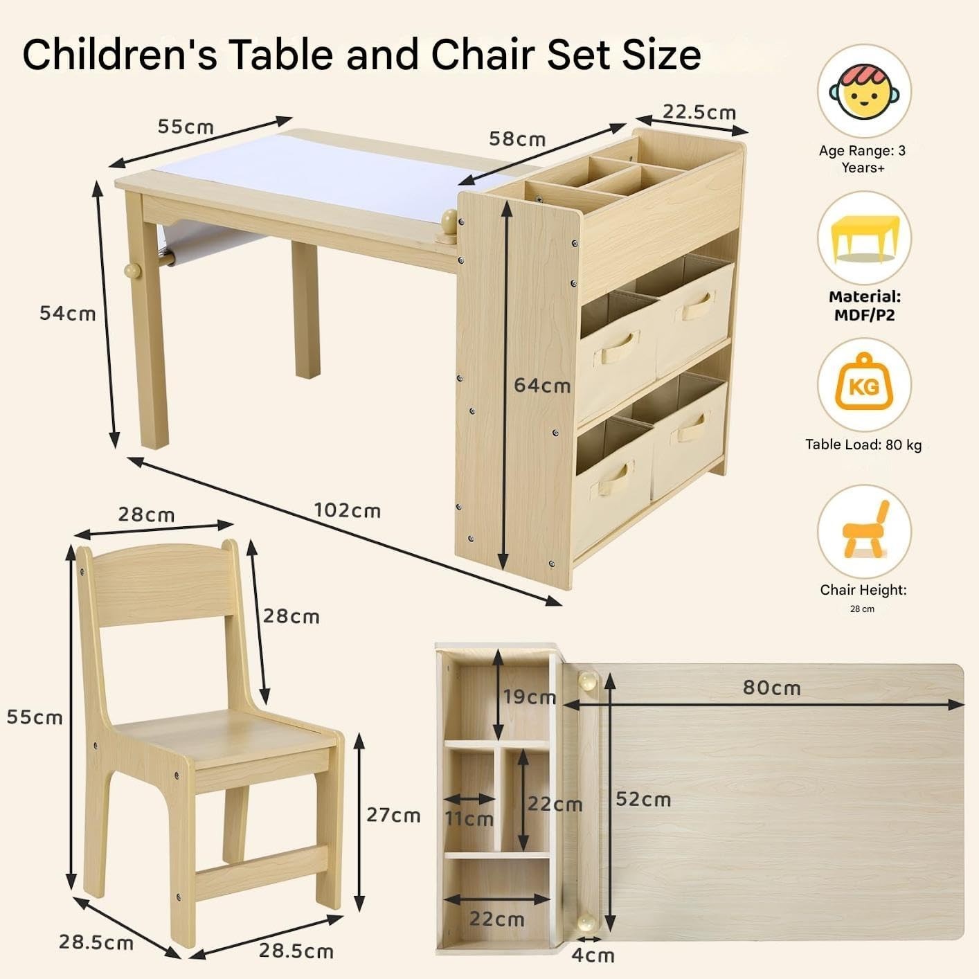 Kids Art Table and Chair Set with Storage Boxes Paper Roll Holder Drawing Desk