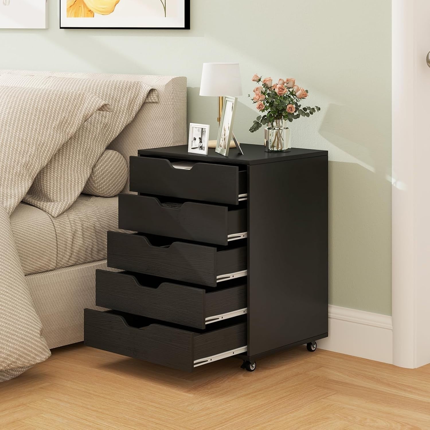 Black Mobile Filing Cabinet 5 Drawer Storage Unit with Wheels for Home Office