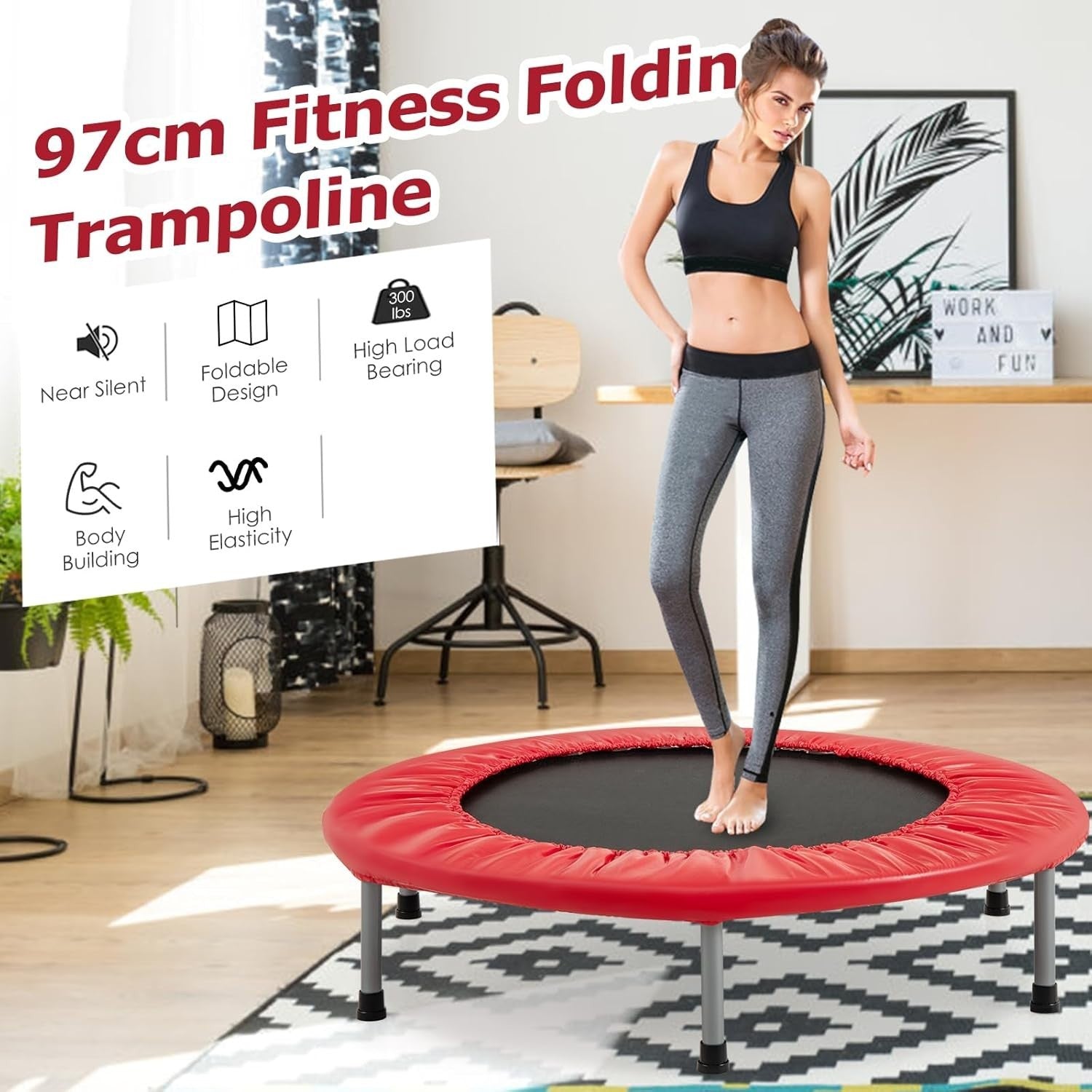 Compact 38in Folding Exercise Trampoline Padded Rebounder 150KG