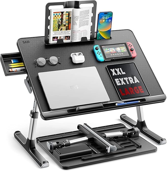 Adjustable Bed Desk Table with Drawer Book Stand Laptop Tray 60x45cm