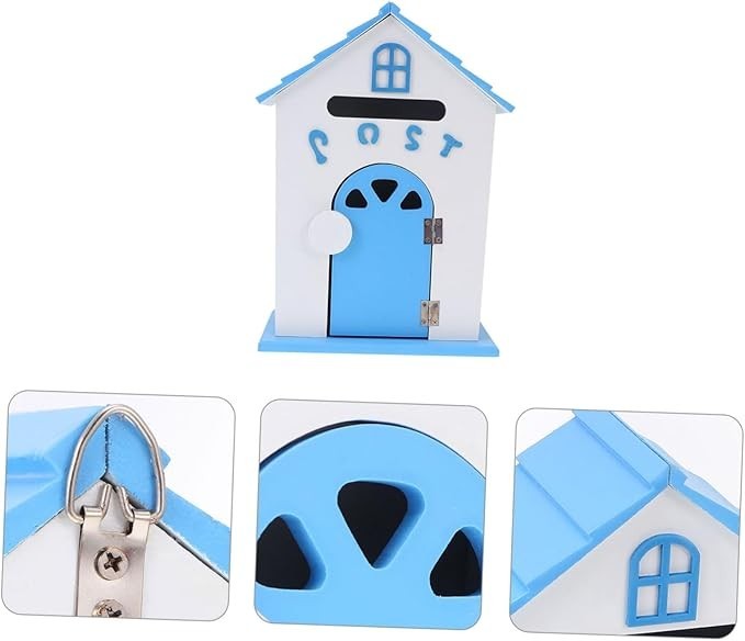 Wall Mounted Wooden Mailbox Suggestion Box Blue Decorative Post Box 32cm