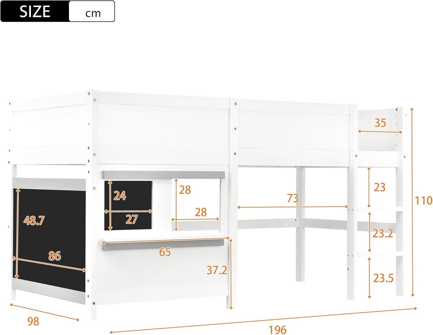 Space-Saving Kids Bunk Bed with Ladder, Blackboard & Shelf, White Pine Wood
