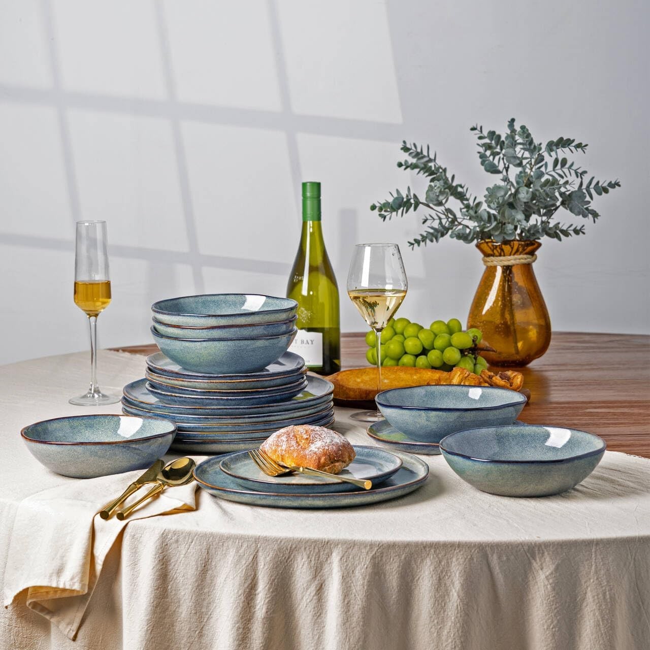 18pc Stoneware Dinnerware Set Reactive Blue Plates Bowls Dishwasher Safe