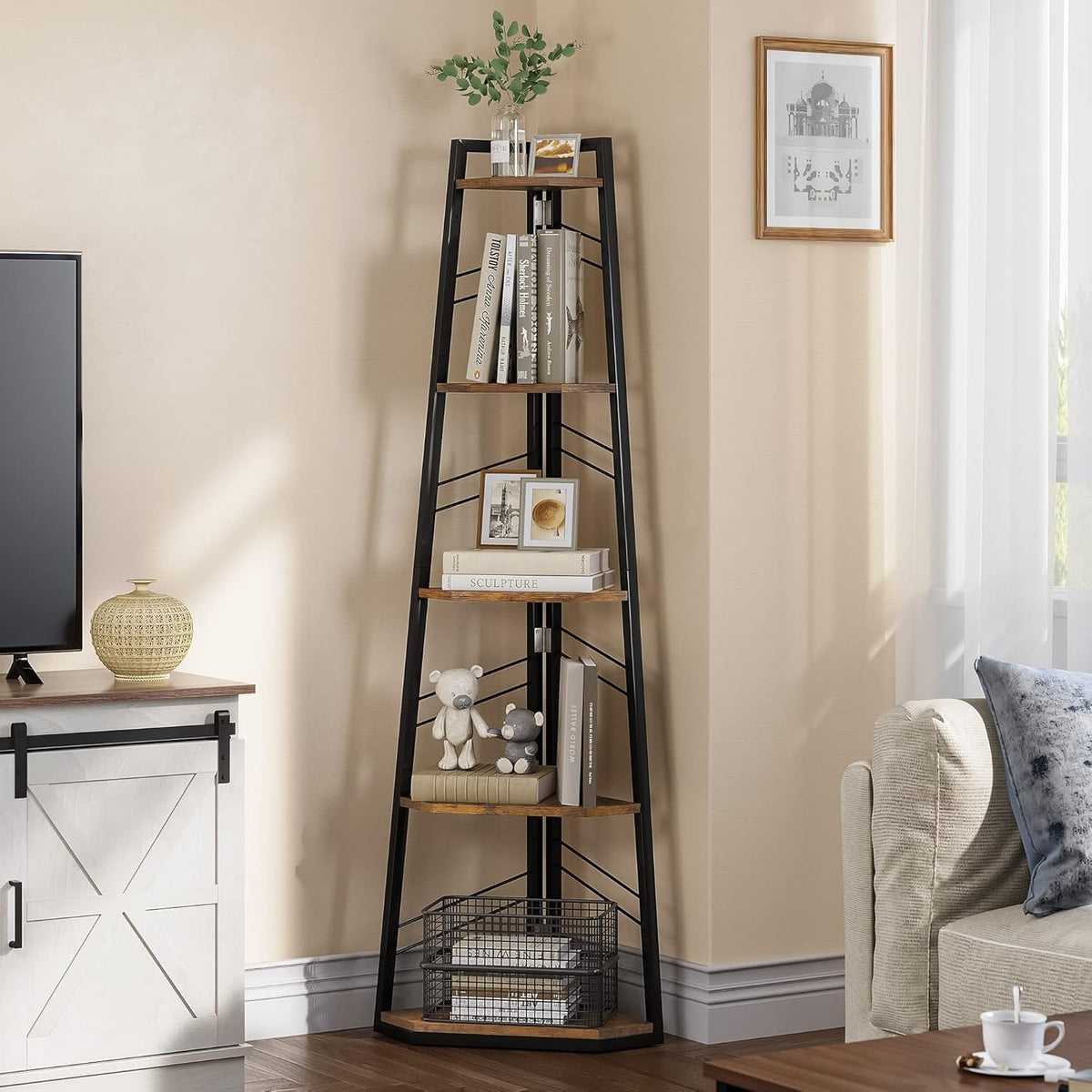 5-Tier Industrial Corner Shelf Unit – Space-Saving Ladder Bookcase for Living