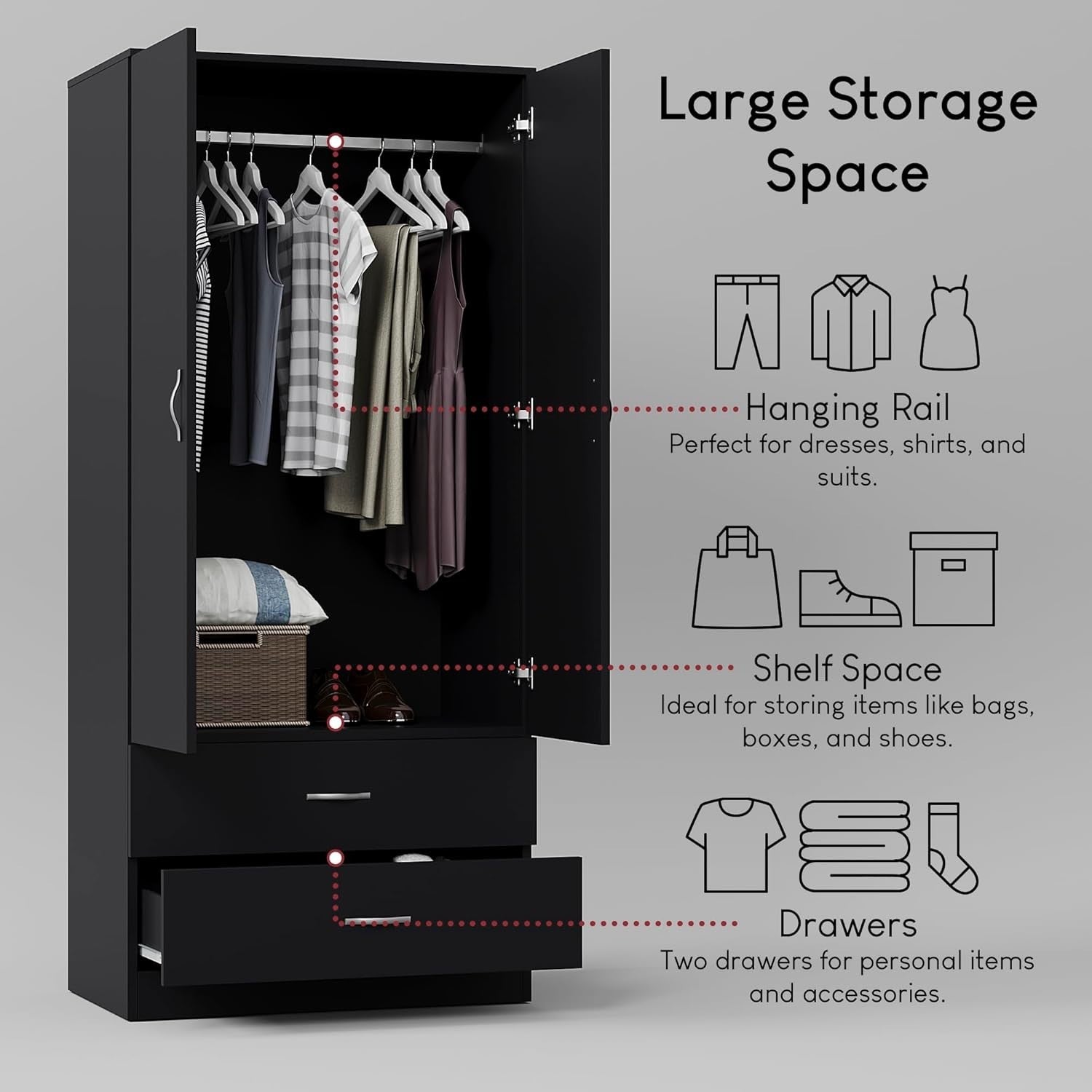 Black 2 Door Wardrobe With Drawers & Rail, Modern Storage Bedroom Unit