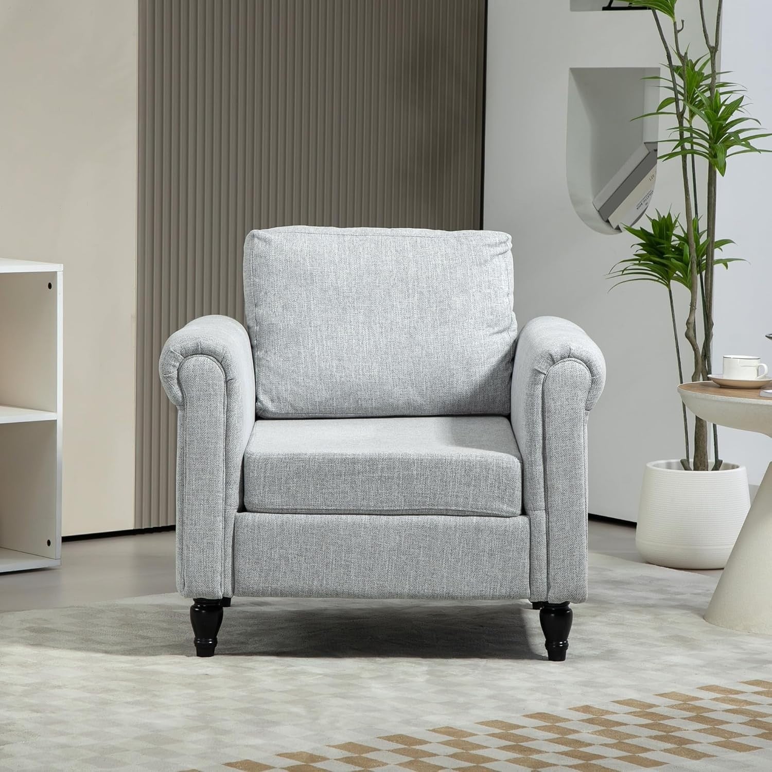 Grey Upholstered Accent Armchair with Back Pillow & Rubber Wood Legs