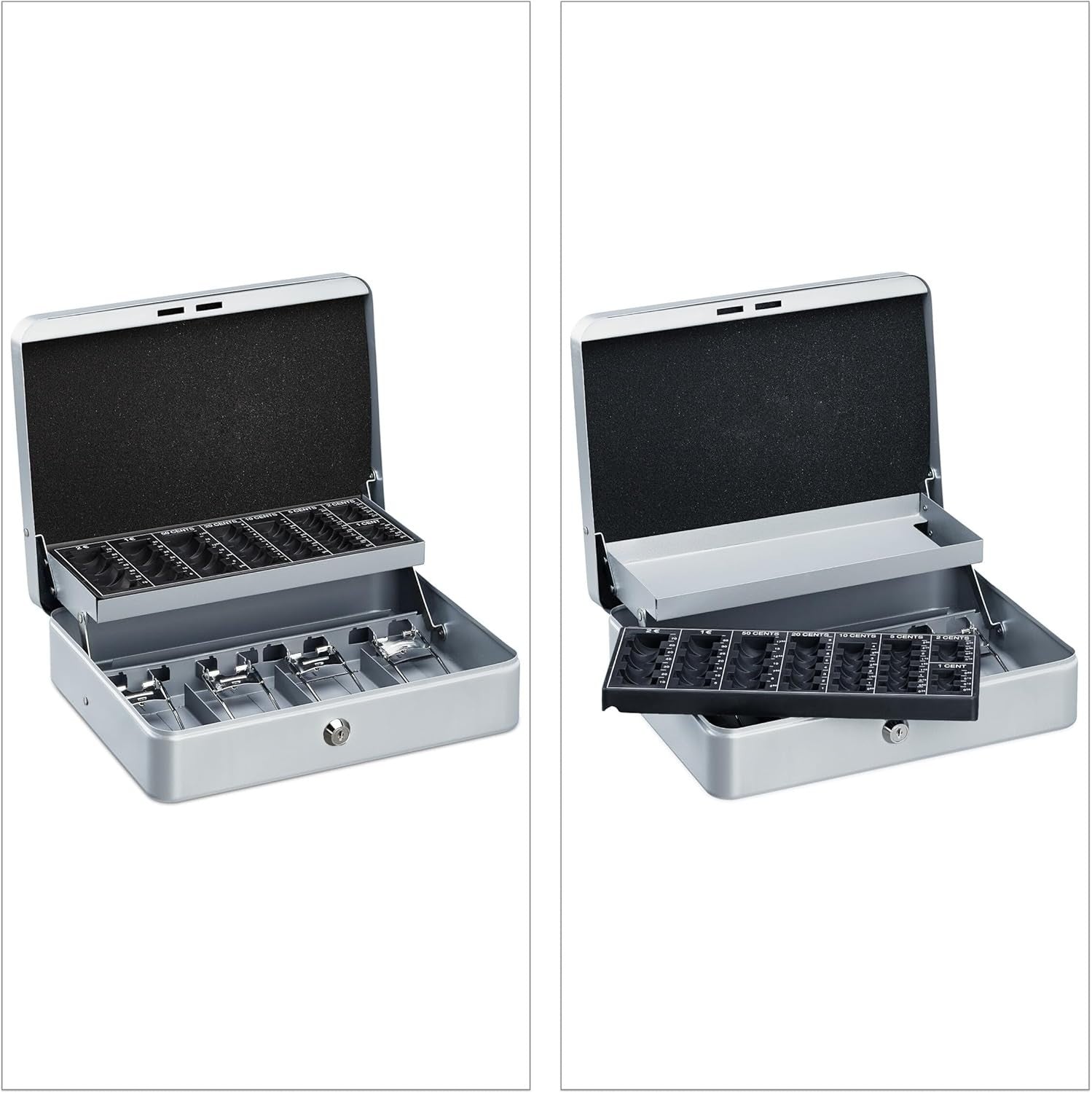 Lockable Cash Box Coin Counter Tray Money Storage Case Silver Steel