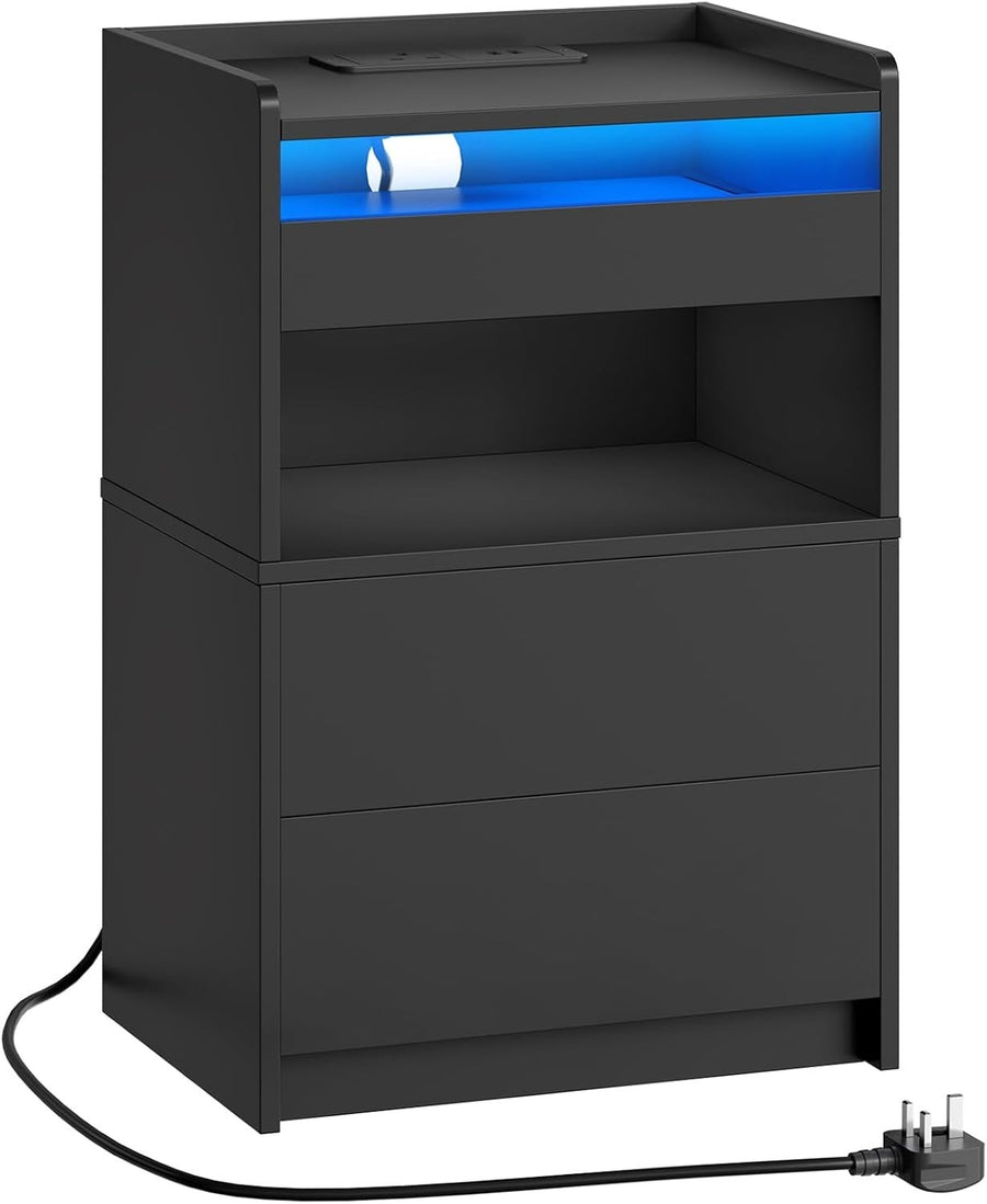 Smart LED Bedside Table with Charging Station & 3 Drawers – Modern Black