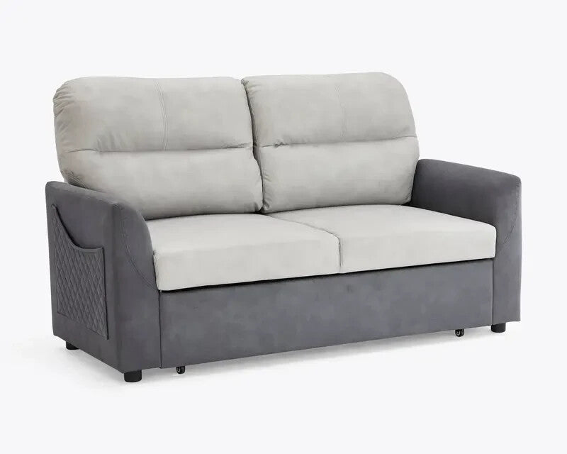 2 Seater Grey Sofa Bed Clic Clac Pull Out with Storage Pockets Fabric Seat