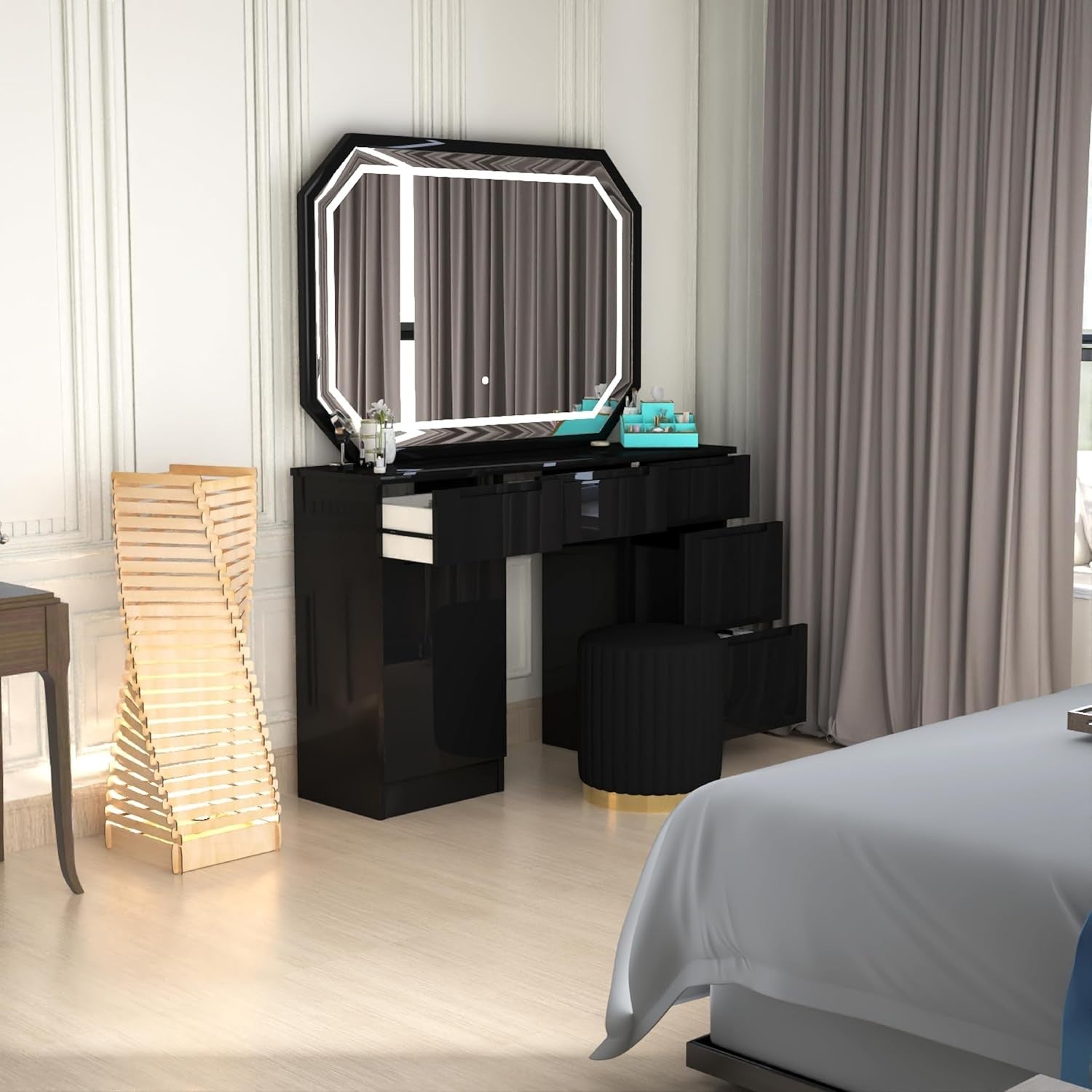 Vanity Dresser Table w/LED Mirror & Padded Stool 7 Drawers Black High Gloss