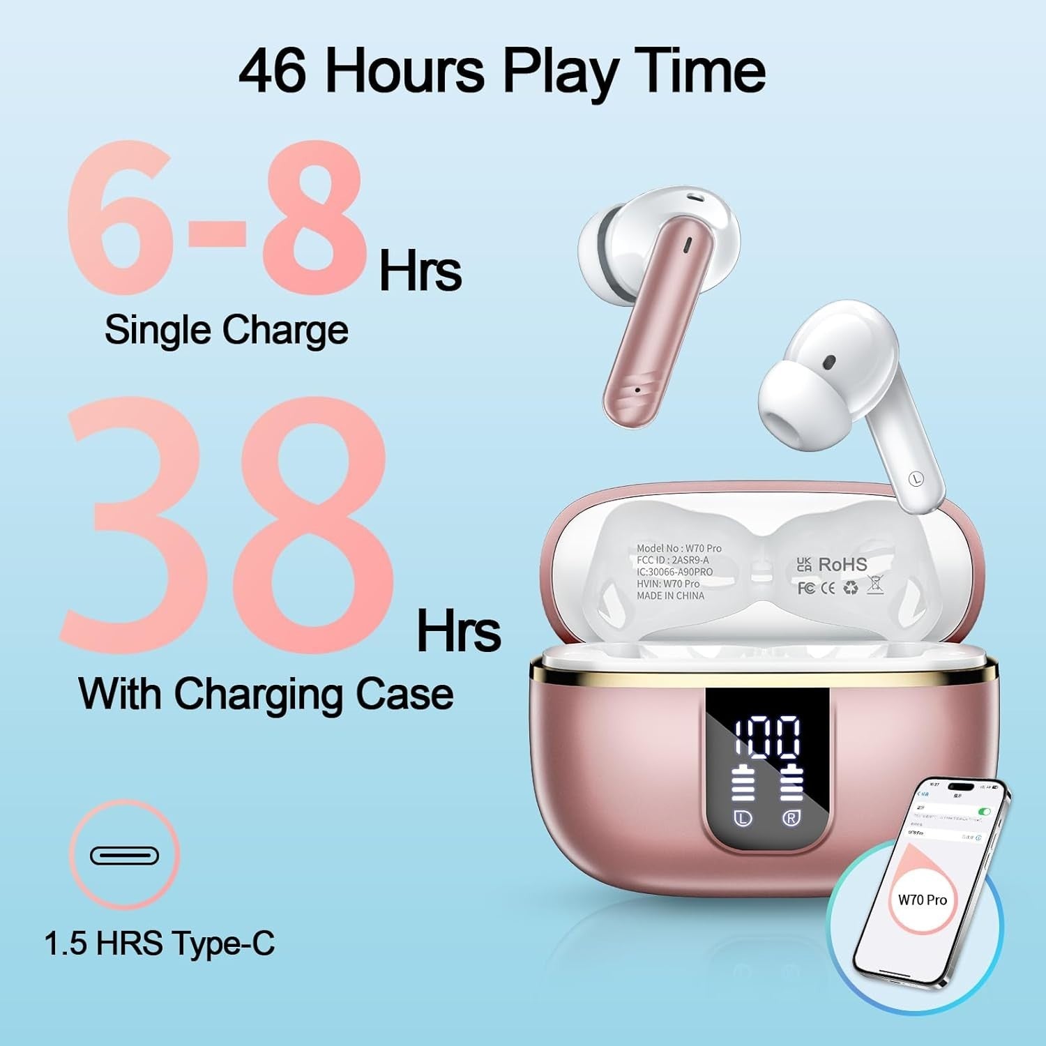 Bluetooth 5.4 Wireless Earbuds 46H Playtime ENC Noise Cancelling Pink