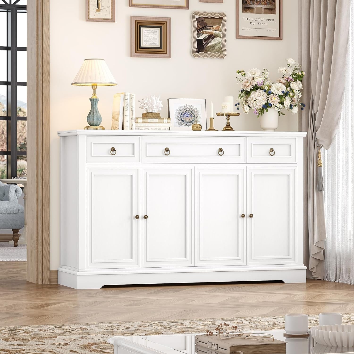 White Sideboard 4 Door 3 Drawer Cabinet Storage Unit Adjustable Shelves**