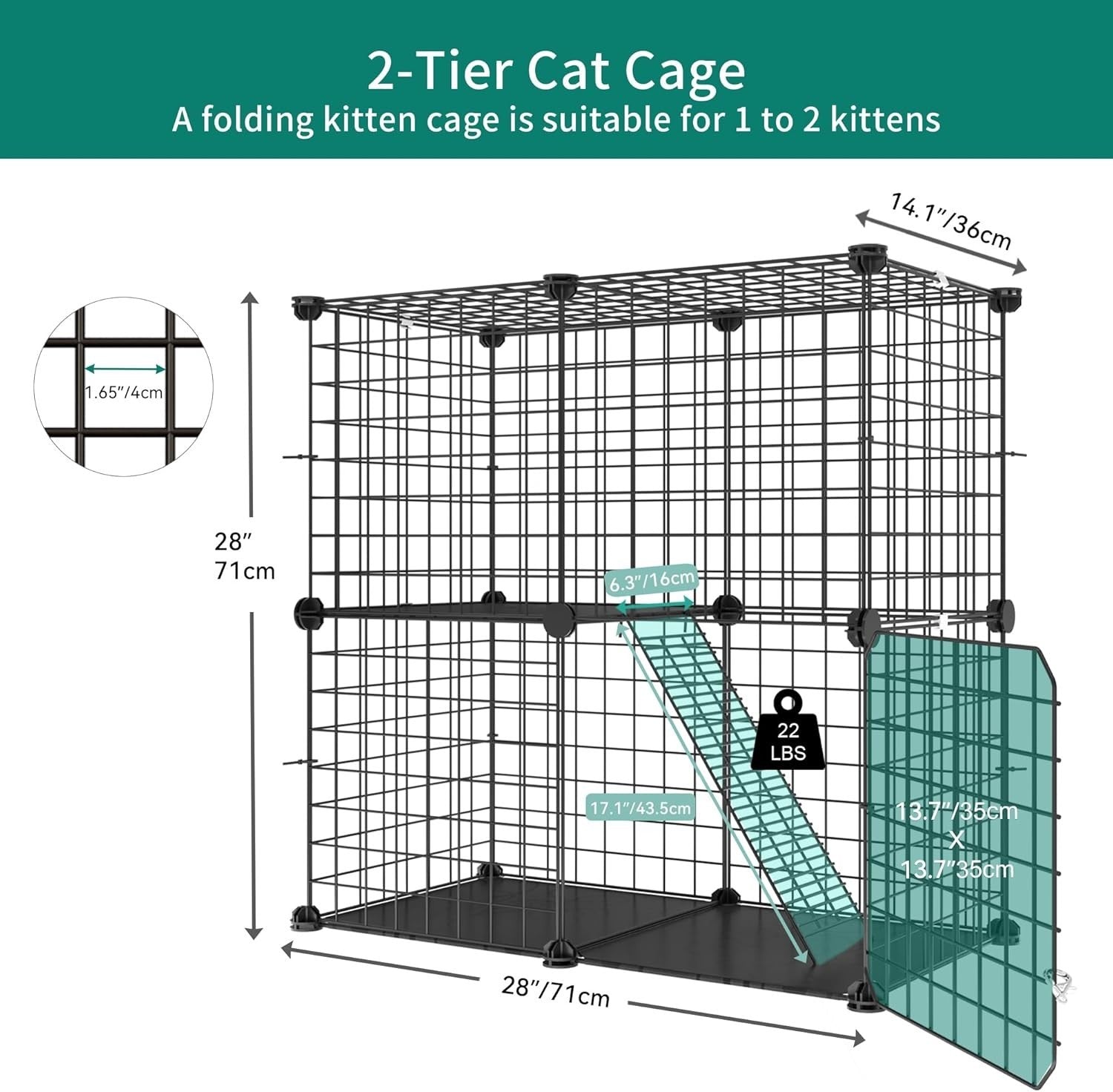 2-Tier Indoor Outdoor Cat Cage Playpen with Platforms & Zip Ties, 71x36x71cm