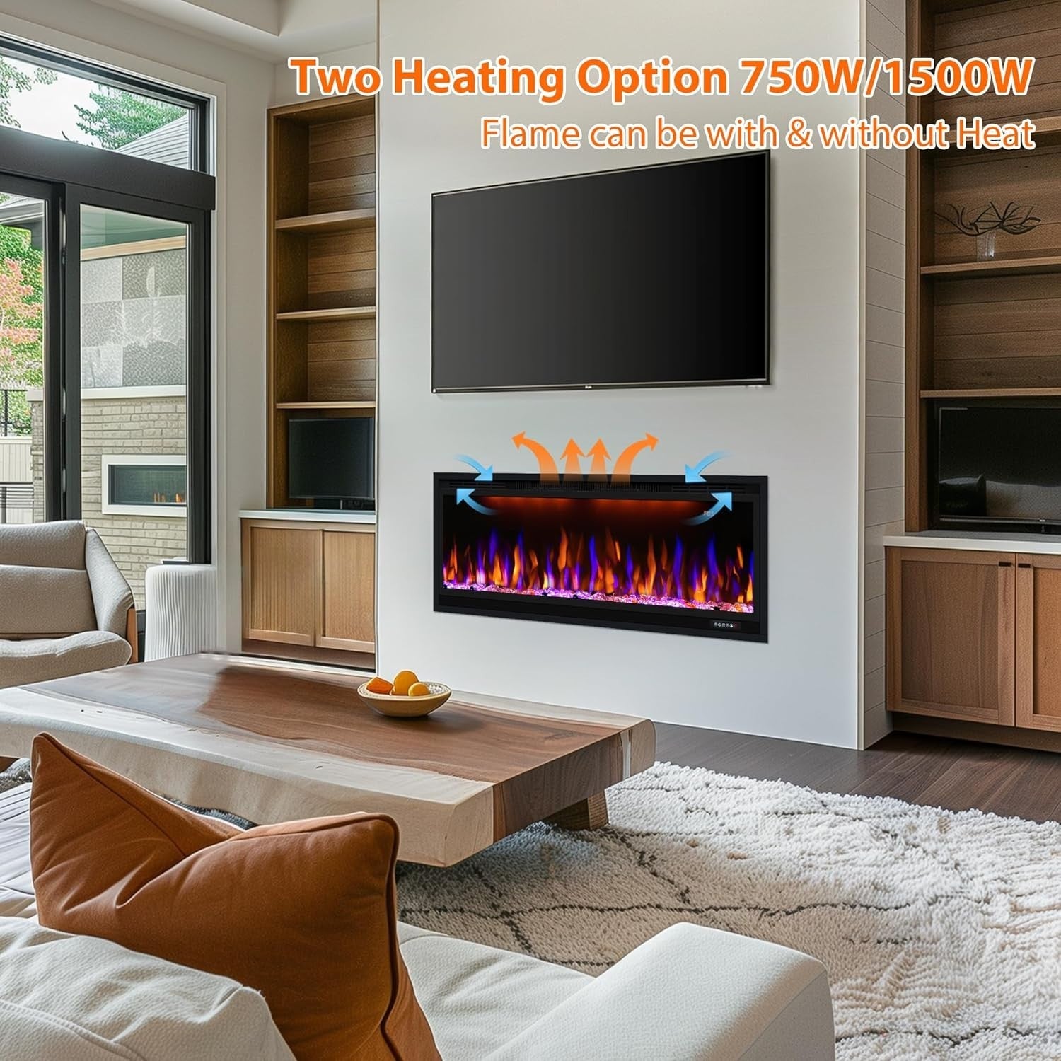 Electric Wall Mounted Fireplace 50" Recessed Heater Multicolor Flame Timer