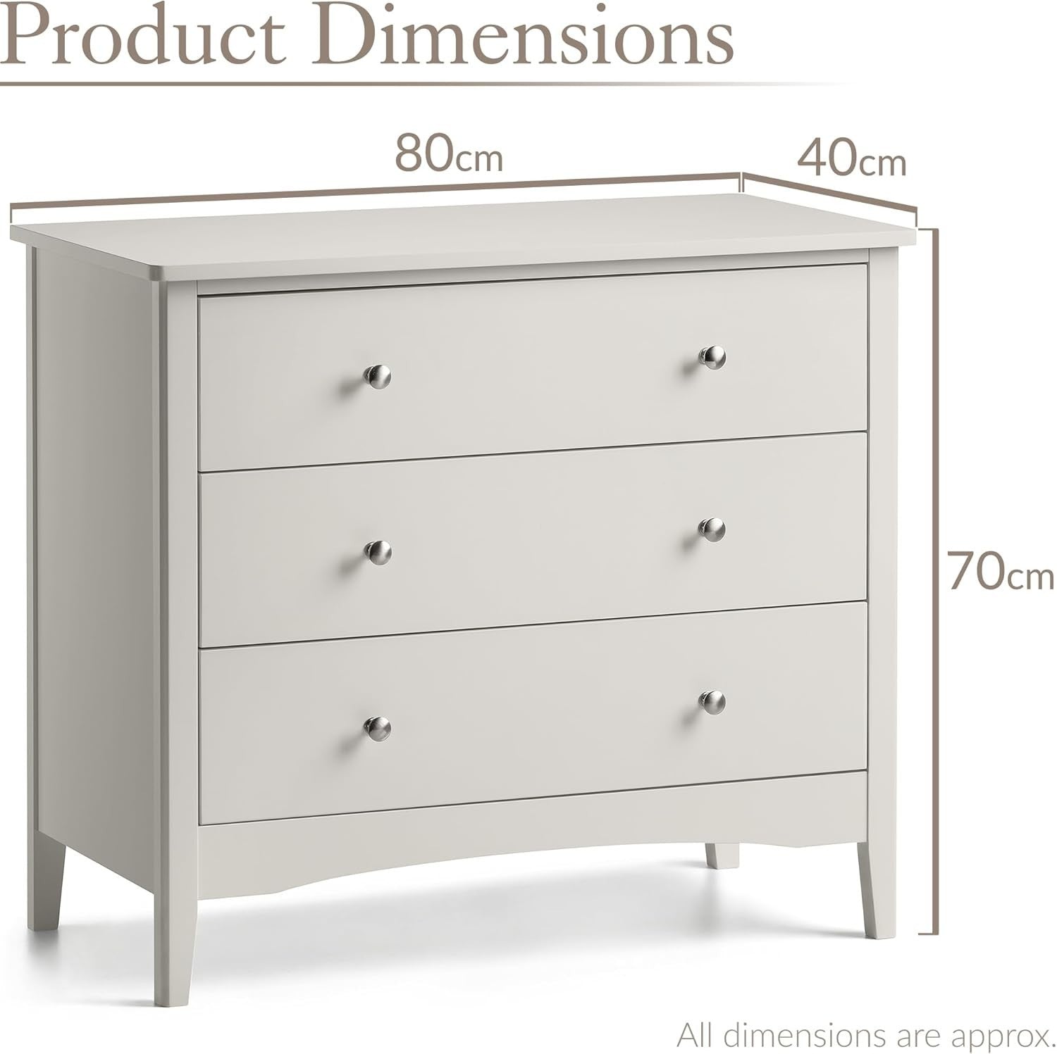Natural 3 Drawer Chest, MDF Storage Unit, Chrome Handles, 80cm Wide