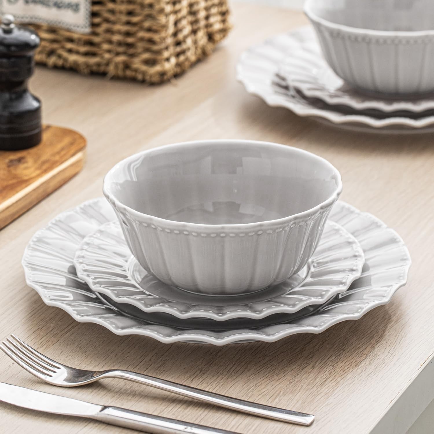 12 Piece Porcelain Dinner Set Grey Plates Bowls Microwave Dishwasher Safe