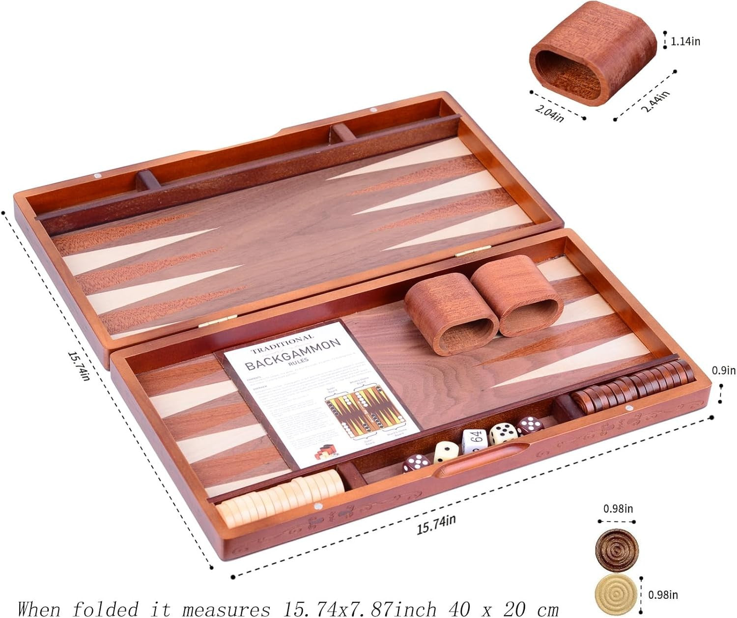 Large Wooden Backgammon Set 15.7” Folding Board Classic Strategy Game
