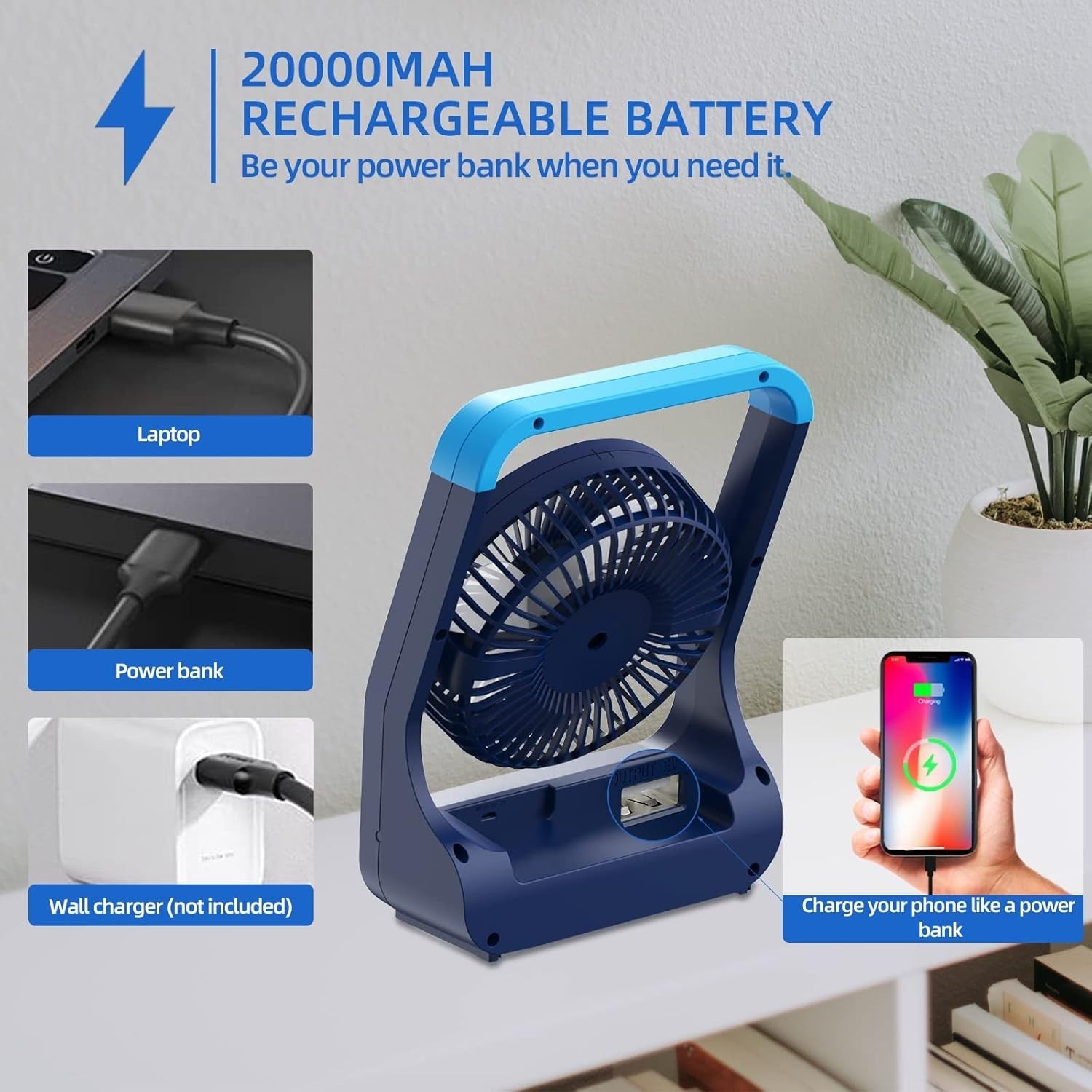 20000mAh Portable Desk Fan – Quiet 3-Speed Rechargeable USB Air Circulator Blue
