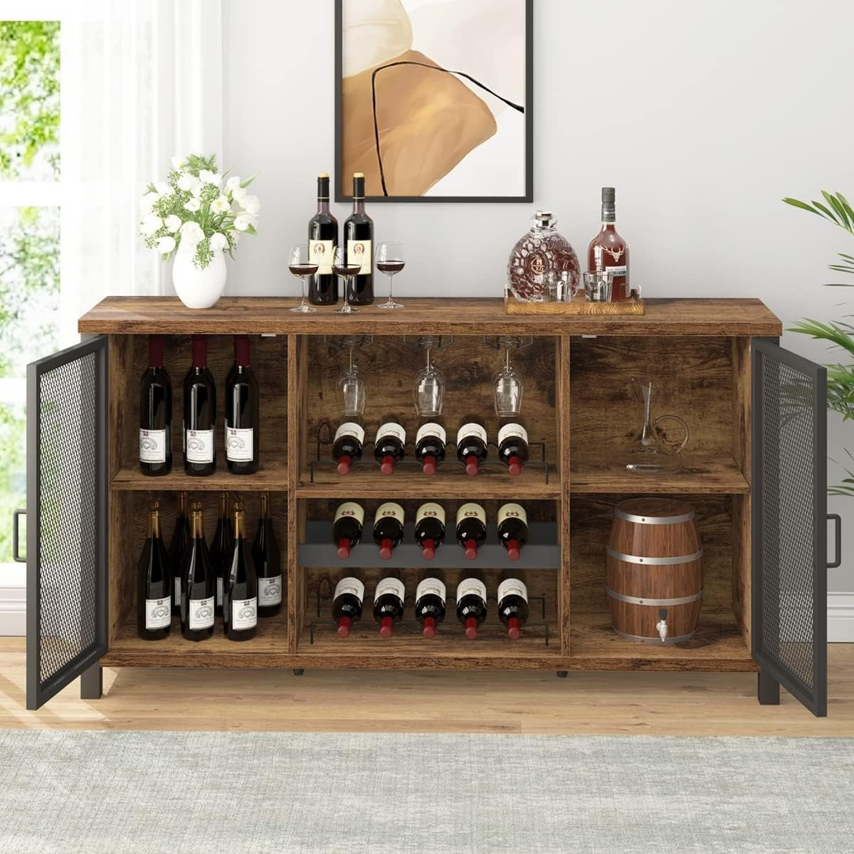 Rustic Farmhouse Wine Bar Cabinet Sideboard with Wine Rack & Glass Storage 140cm