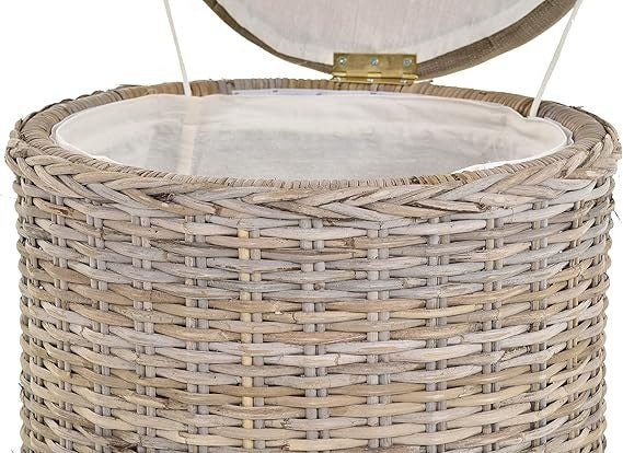 Elegant Round Rattan Laundry Basket with Padded Seat & Lid – Grey Storage Chest