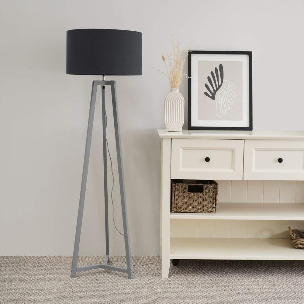 Grey Wooden Tripod Floor Lamp Charcoal Fabric Drum Shade LED Light