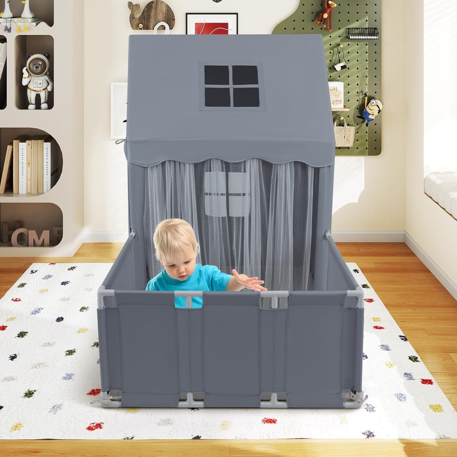 Kids Play Tent Grey Castle with Lights Mat Indoor Toddler Playhouse