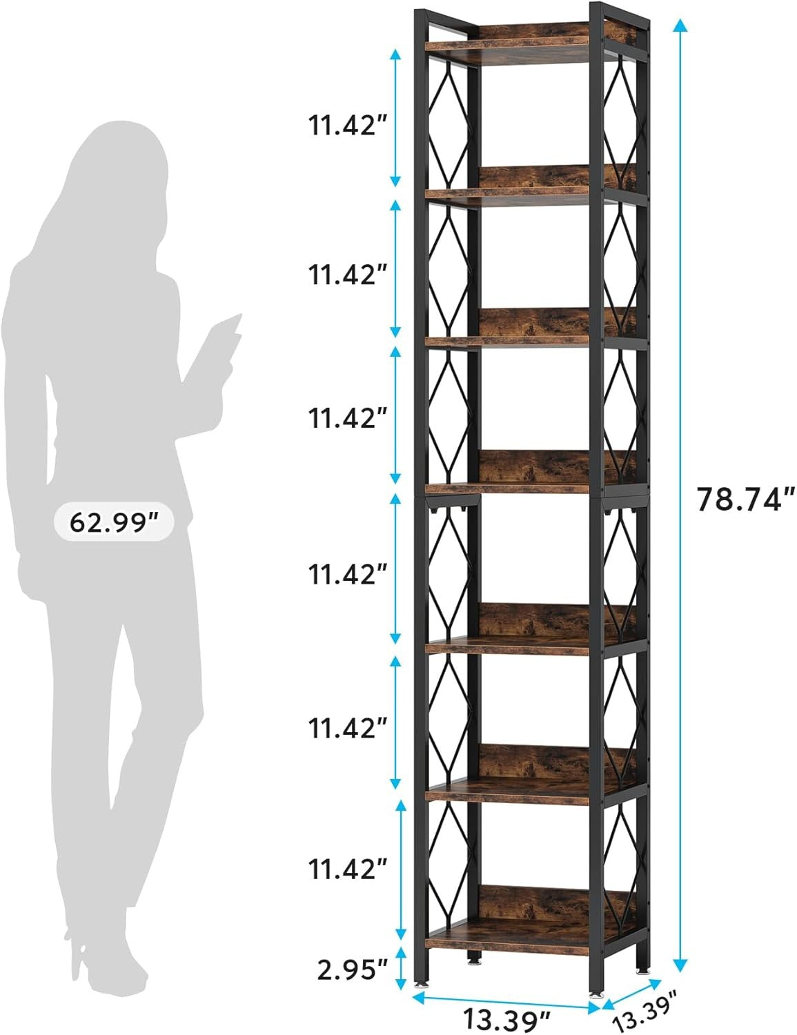 Tall 7-Tier Narrow Bookshelf Set | Slim Rustic Display Shelves for Small Spaces