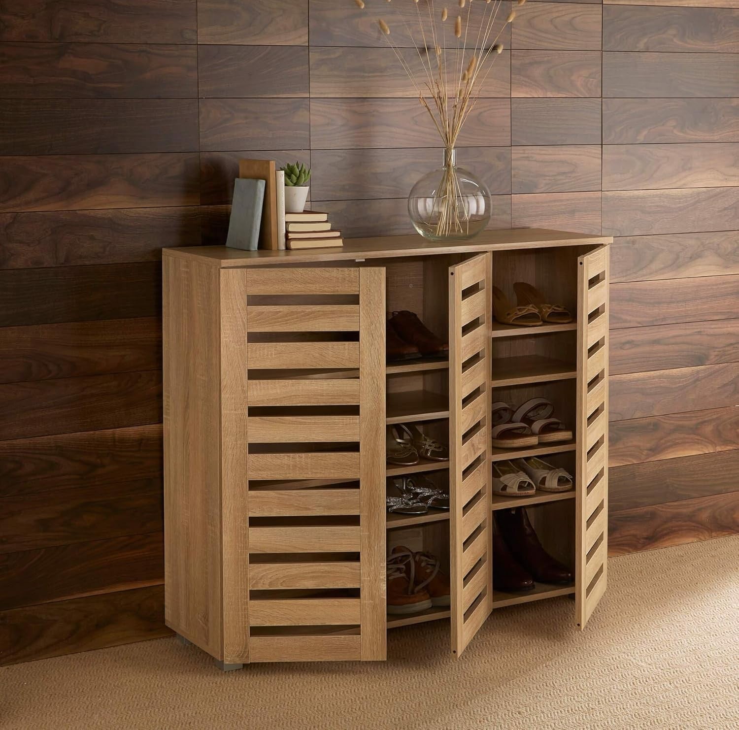 Oak 3 Door Wooden Shoe Cabinet with Slatted Doors, Large Storage Cupboard