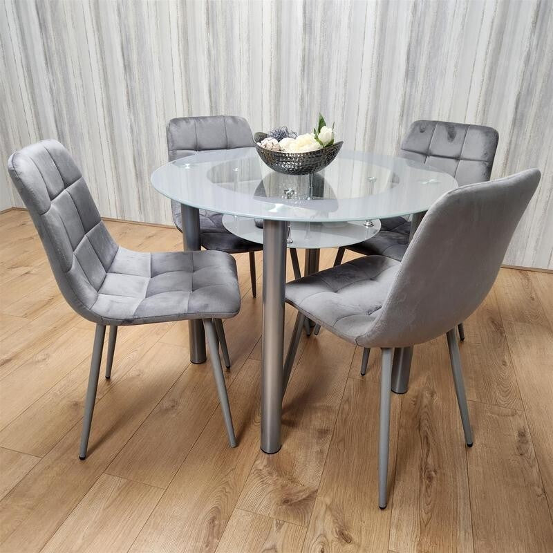 Round Glass Dining Table Set with 4 Grey Chairs Modern Kitchen Room