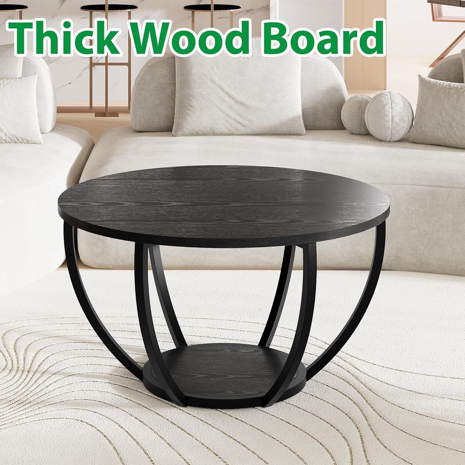 Round 2-Tier Coffee Table with Storage Shelves, Wooden Top & Metal Frame Black