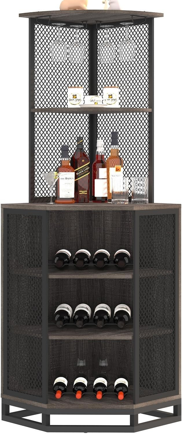 Tall Corner Bar Cabinet with Wine Rack & Adjustable Shelves Home Bar Unit
