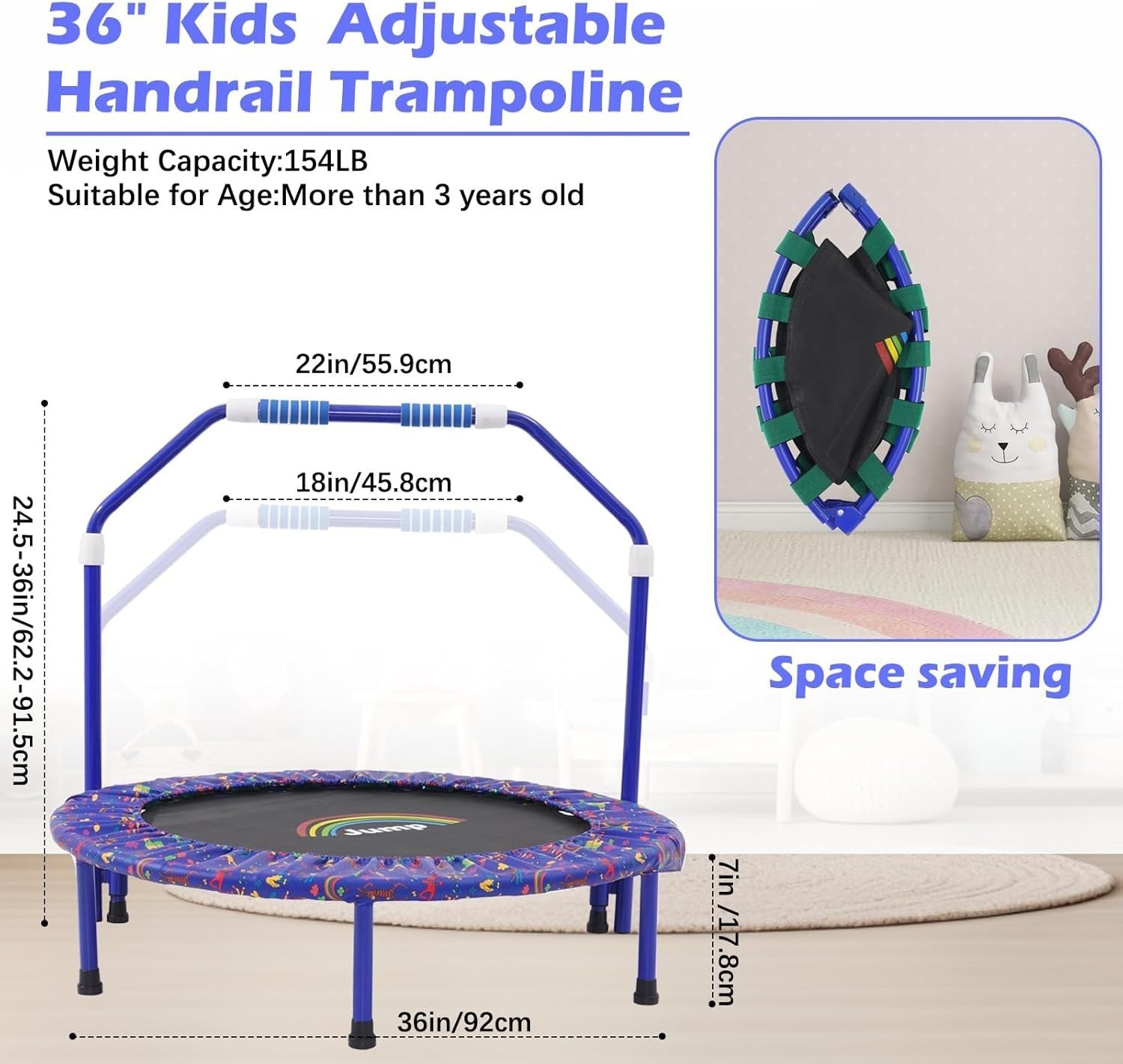 36'' Kids Mini Trampoline Foldable Quiet Rebounder Safety Handle Blue