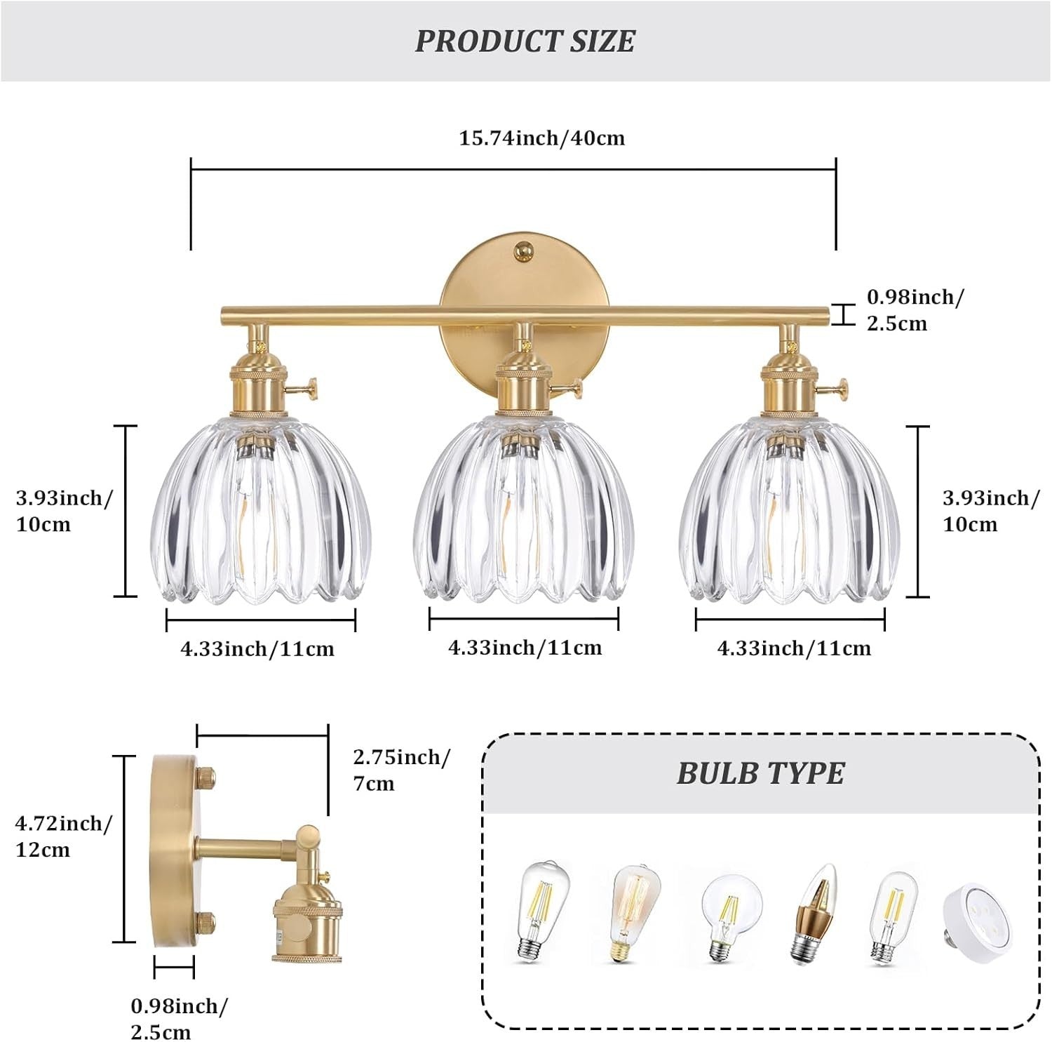 3-Light Clear Glass Wall Sconce Vanity Light Brass Fixture for Bathroom