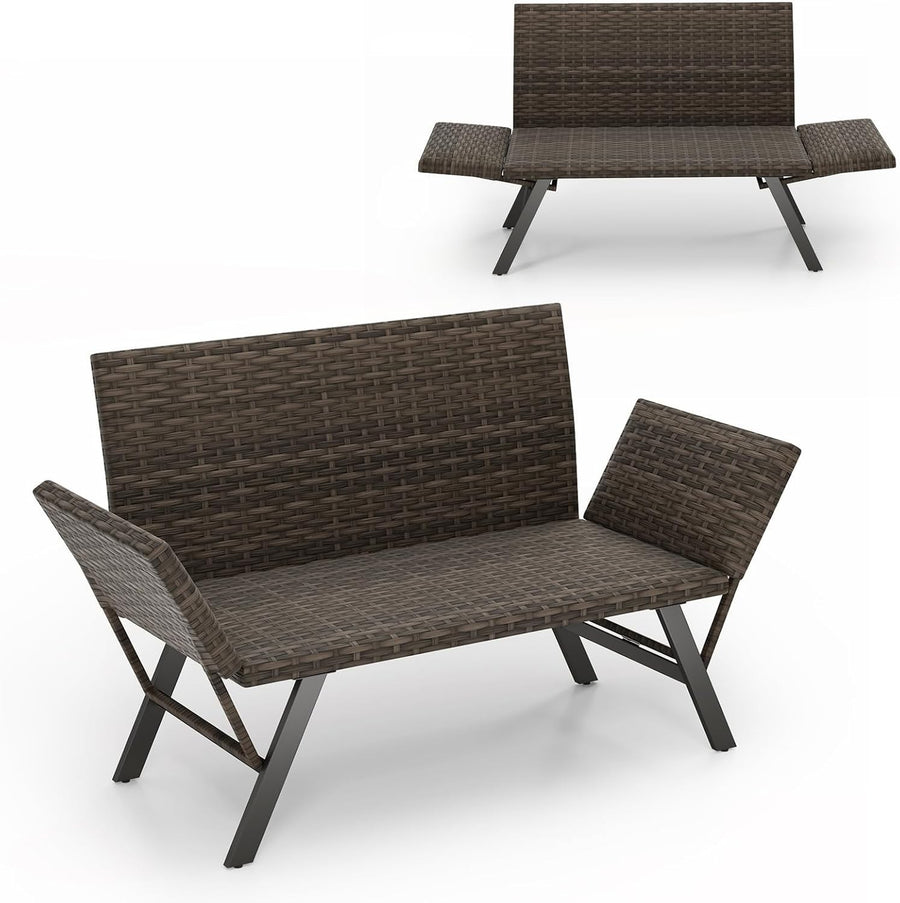 Convertible Rattan Daybed Sofa Lounger with Adjustable Arms for Patio