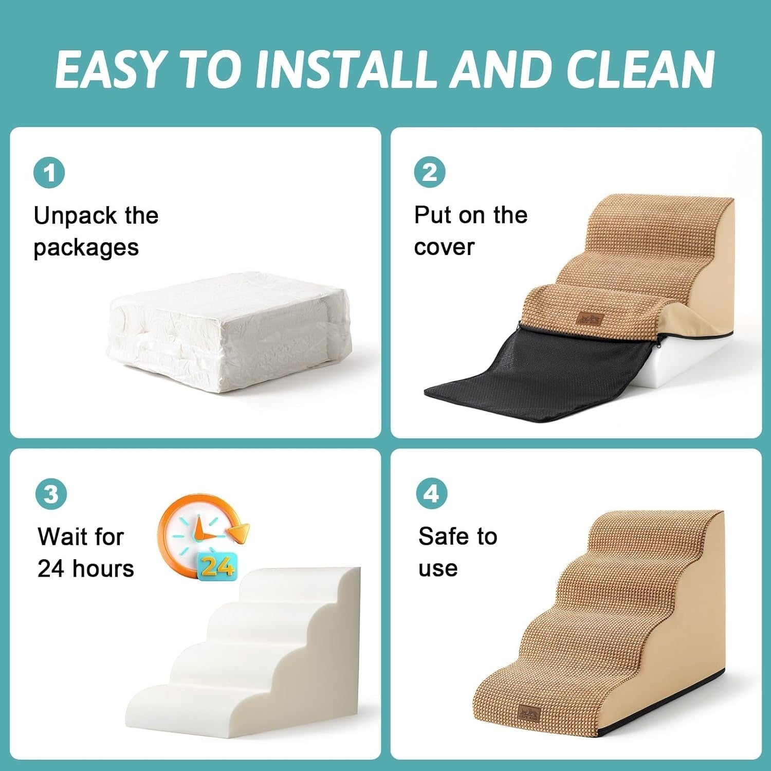 Dog Stairs 3 Step Foam Pet Ramp for Bed Sofa Leakproof Brown
