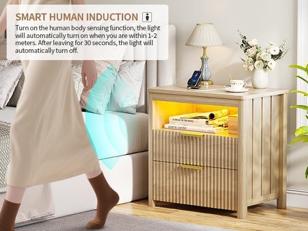 24" Natural Wood Bedside Table with Charging Station, LED Light & 3 Drawers