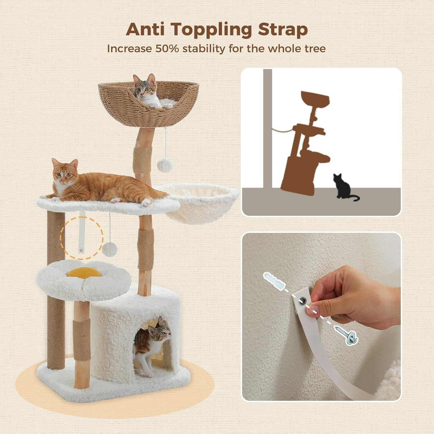 Cat Tree Tower 120cm Solid Wood Rattan Basket Condo Modern Indoor Cats