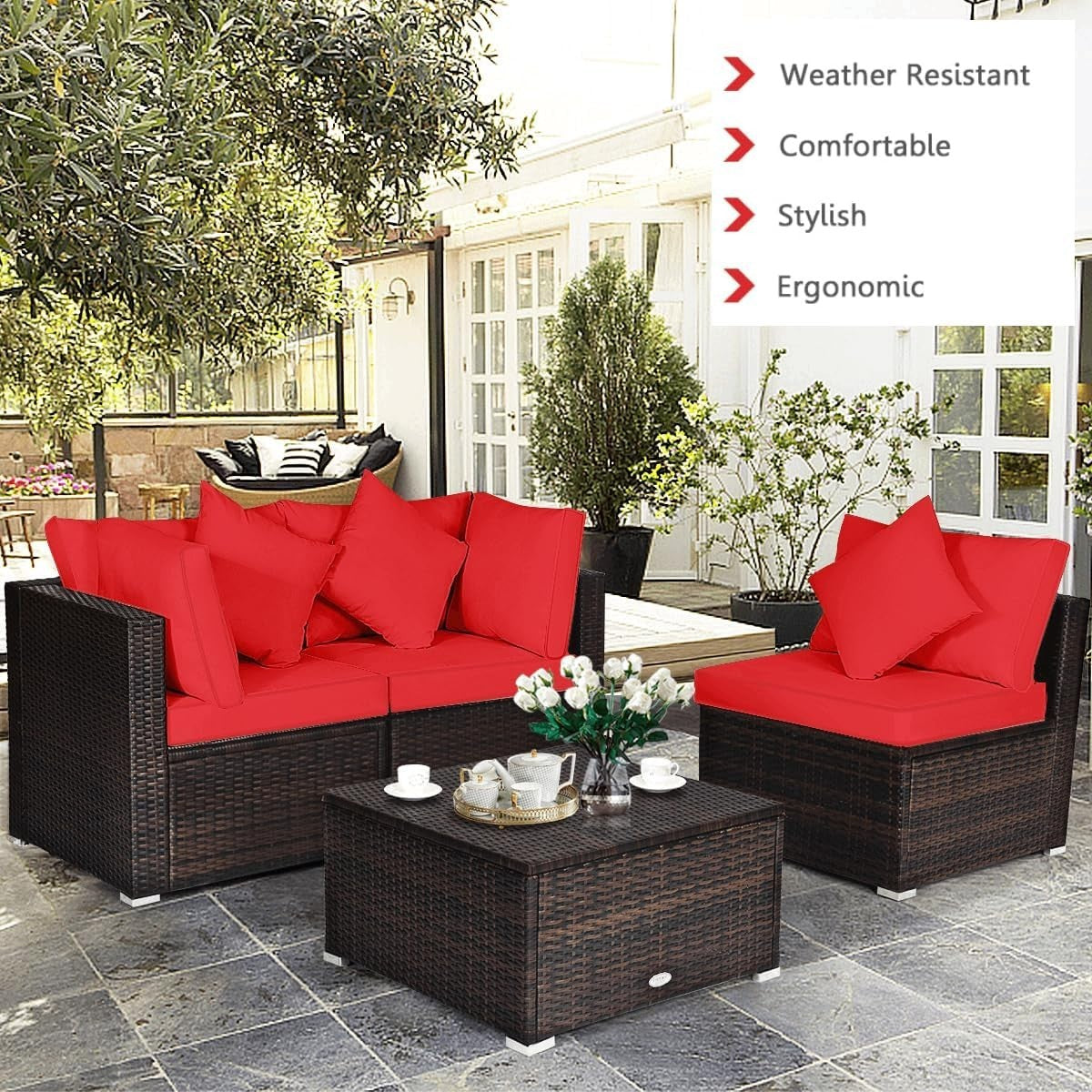 4PC Red Rattan Garden Sofa Set Modular Patio Lounge Coffee Table Cushions